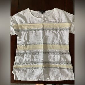 J. Crew White Short Sleeve Tee with Pale Yellow & Silver Trim